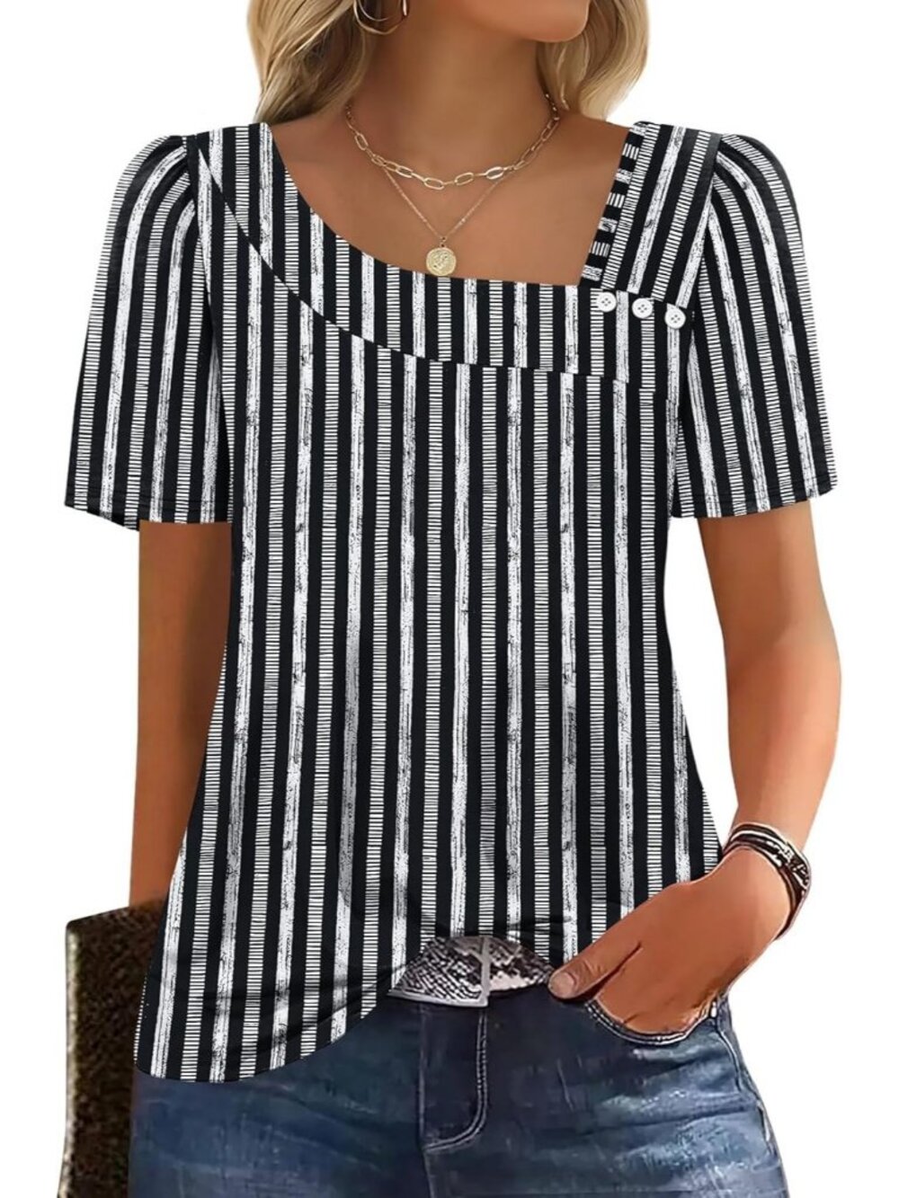 Women's Stripes Black Square Neck Blouse Summer Casual Short Sleeve Spring Top